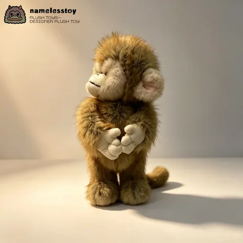 Kong the macaque monkey plush standing in warm studio light, cupped hands together and tail curled