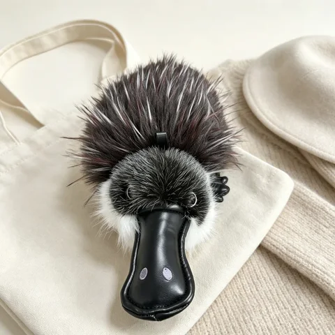 Platy the platypus plush styled on a cream tote bag beside a knit coat, bill and spiky fur in view