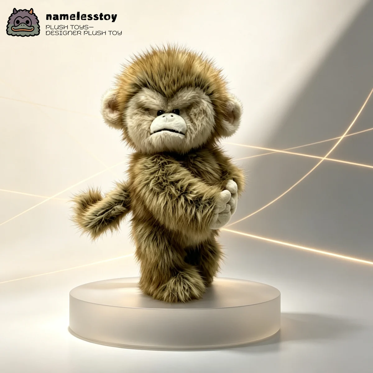 Macaque plush displayed on a frosted pedestal
