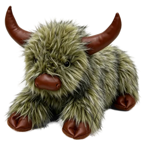 Yak Milo, a realistic highland cow plush with shaggy fur and leather-look horns, side view