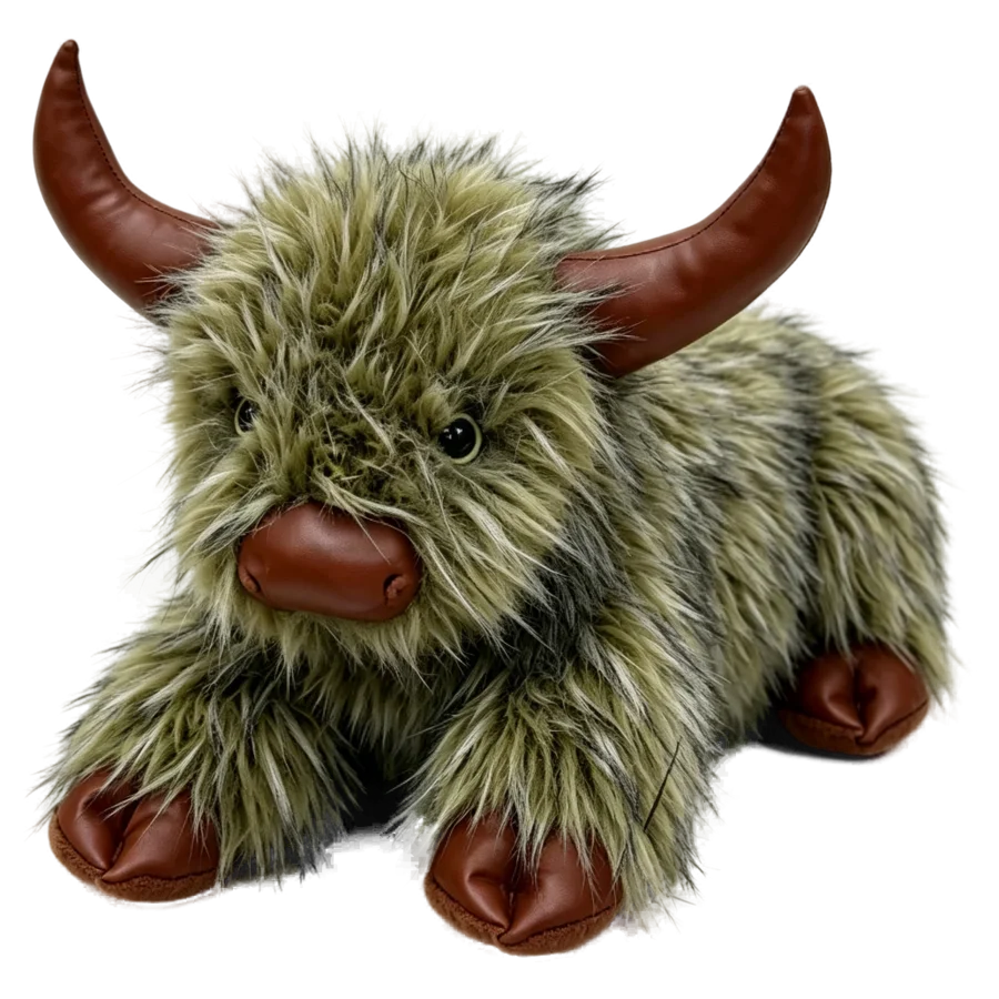 Yak Milo, a realistic highland cow plush with shaggy fur and leather-look horns, side view