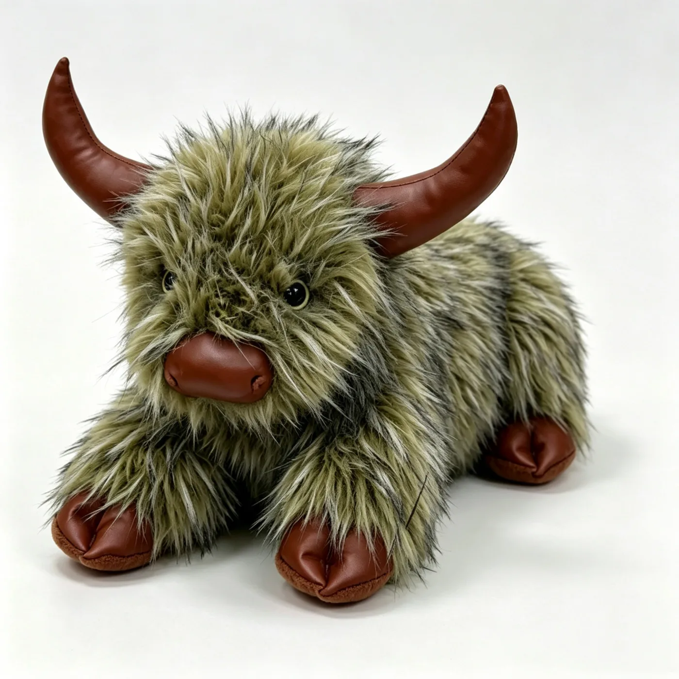 Yak Milo, a realistic highland cow plush with shaggy fur and leather-look horns, side view